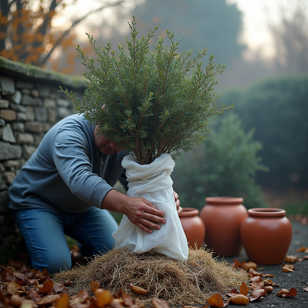 Giardino invernale con piante protette dal freddo e pacciamatura